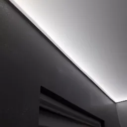 Minimalistyczne wnętrze z czarną ścianą i białym sufitem, oświetlone listwą LED wzdłuż krawędzi, subtelne światło podkreśla gładką powierzchnię ściany i sufitu.