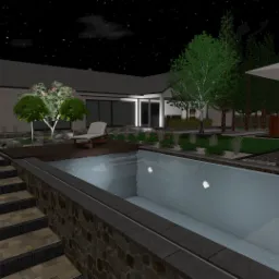Nocna wizualizacja ogrodu z basenem, tarasem z leżakami i ścieżką z kostki brukowej prowadzącą do domu.