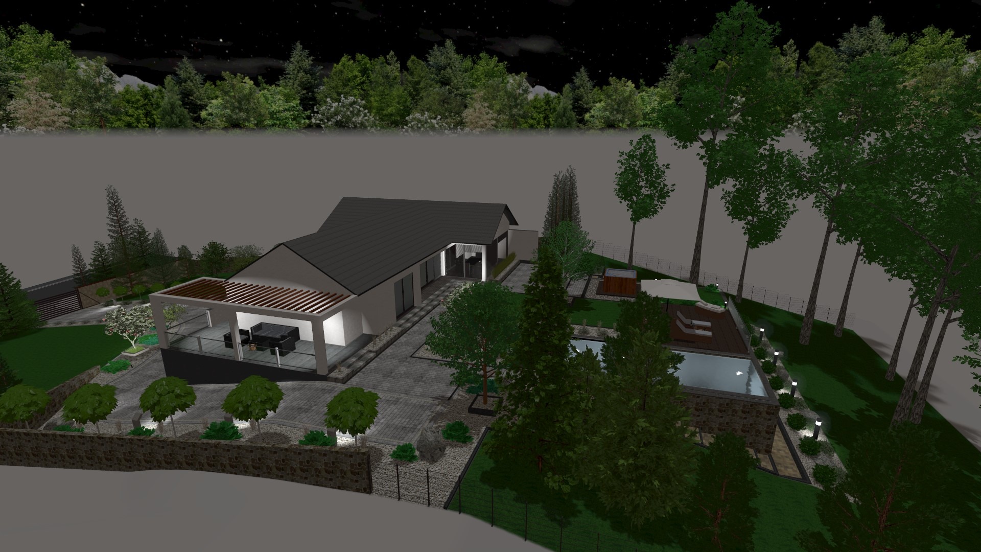 Wizualizacja projektu zagospodarowania terenu wokół domu z kostką brukową, basenem, jacuzzi, oświetleniem ogrodowym i roślinnością w nocnej scenerii.