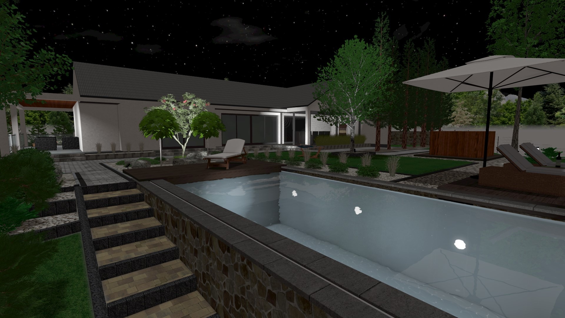 Nocna wizualizacja ogrodu z basenem, tarasem z leżakami i ścieżką z kostki brukowej prowadzącą do domu.