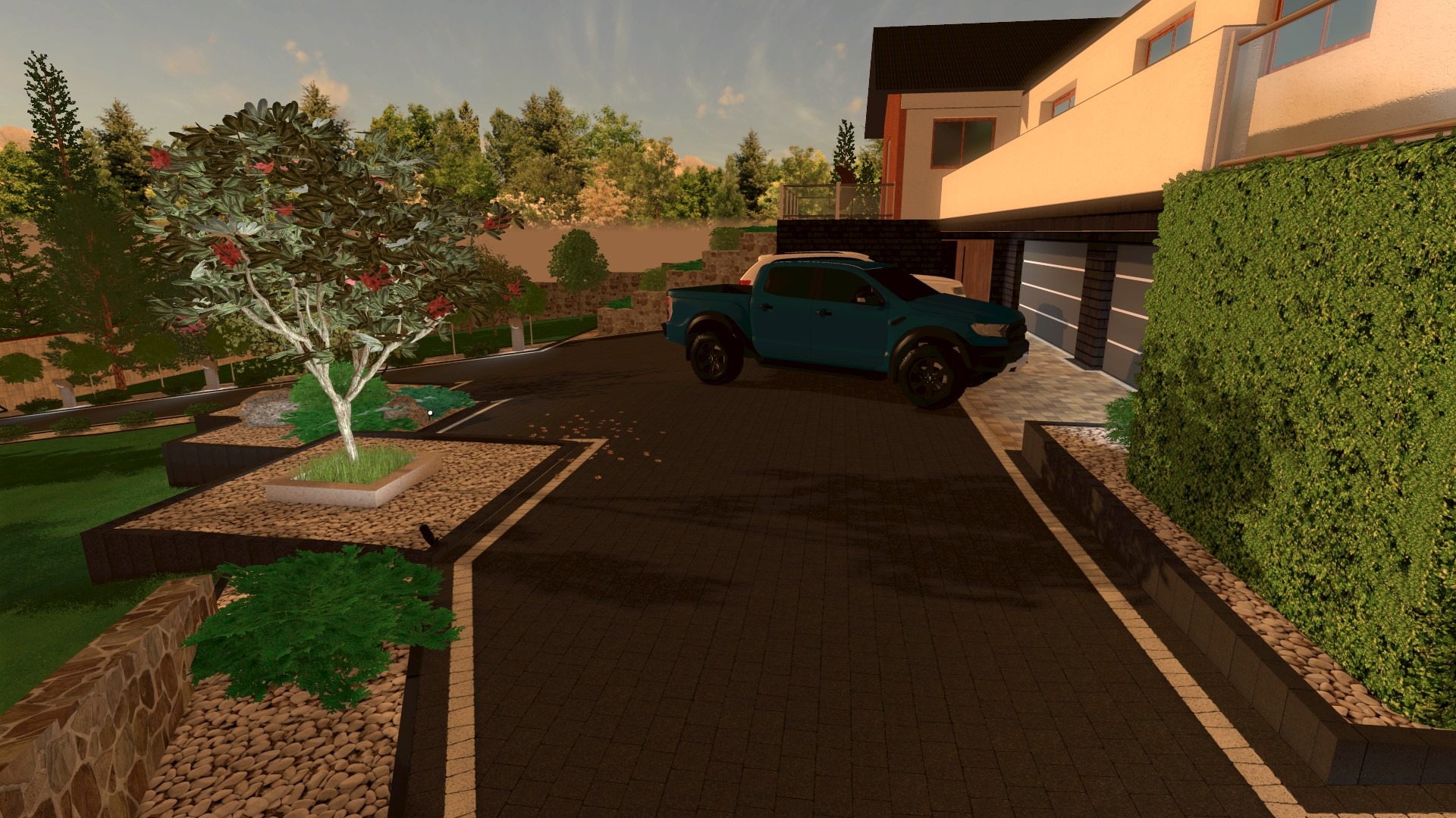 Projekt wizualizacji posesji z podjazdem z kostki brukowej, zielenią, drzewem w ozdobnej donicy i nowoczesnym domem z garażem w tle oraz zaparkowanym niebieskim pickupem.