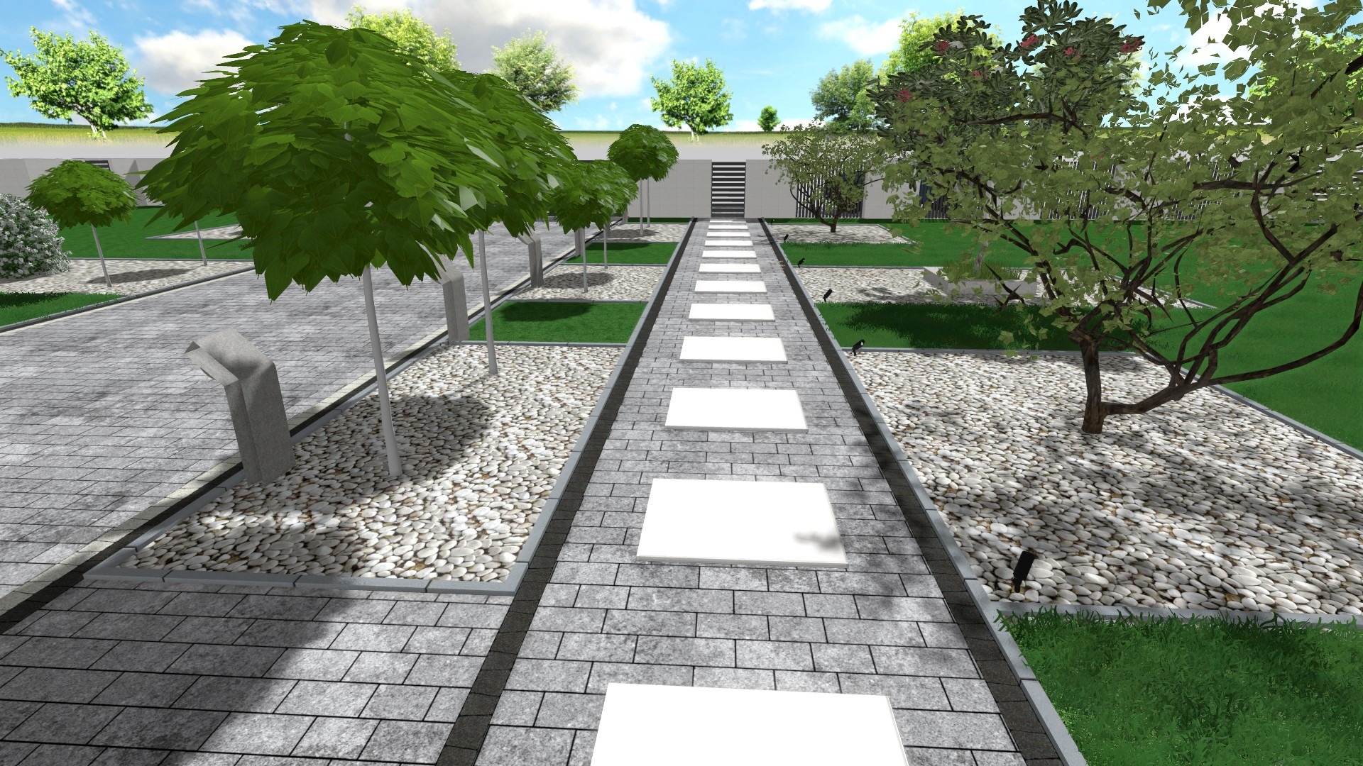 Wizualizacja 3D ogrodu z ścieżką z kostki brukowej i białych płyt, otoczoną kamieniami i drzewami.