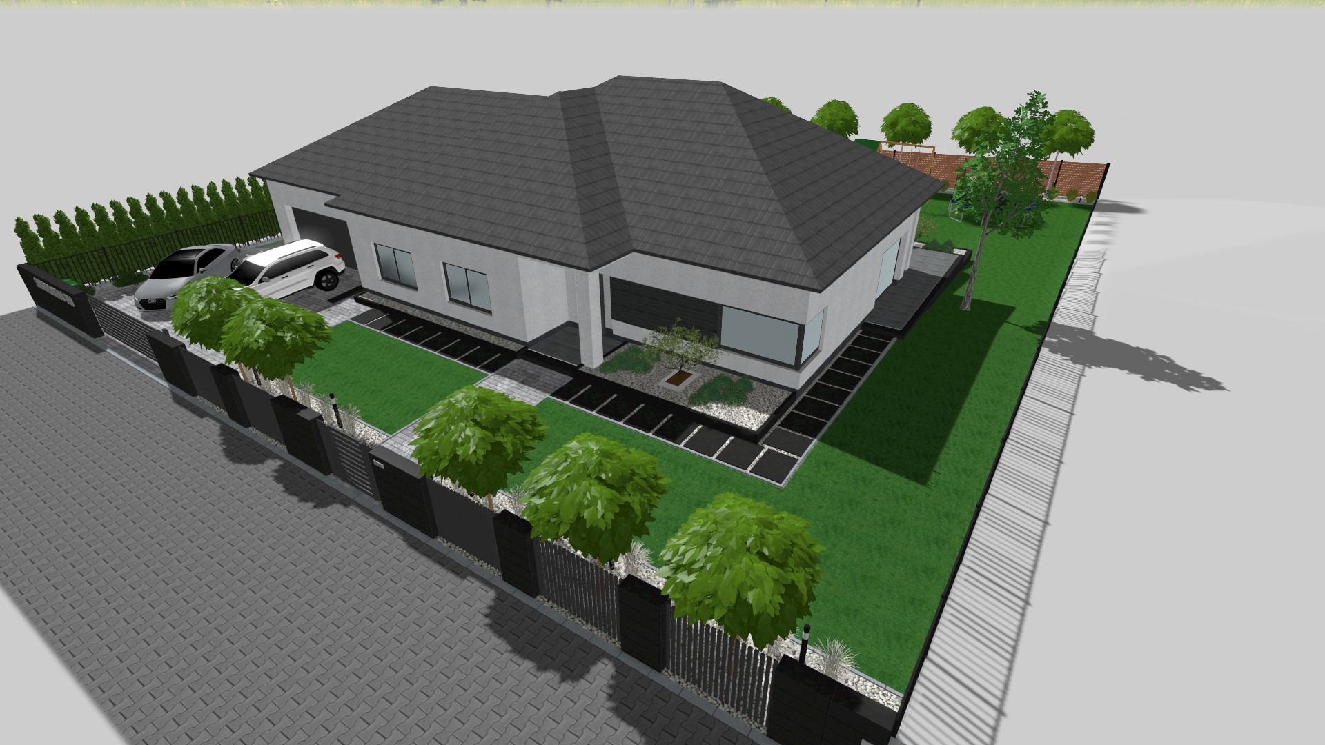 Wizualizacja 3D nowoczesnego domu jednorodzinnego z zagospodarowanym terenem: kostka brukowa na podjeździe, czarne ogrodzenie panelowe z przęsłami, trawnik, drzewa i krzewy.