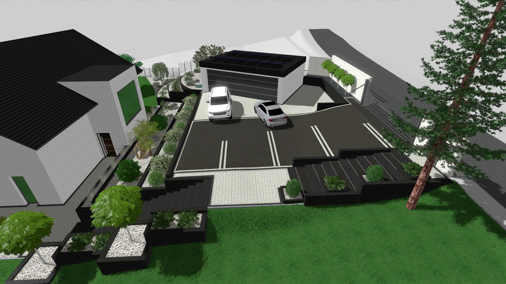 Wizualizacja 3D nowoczesnego domu z garażem, podjazdem z kostki brukowej, zadbanym ogrodem i ogrodzeniem panelowym.