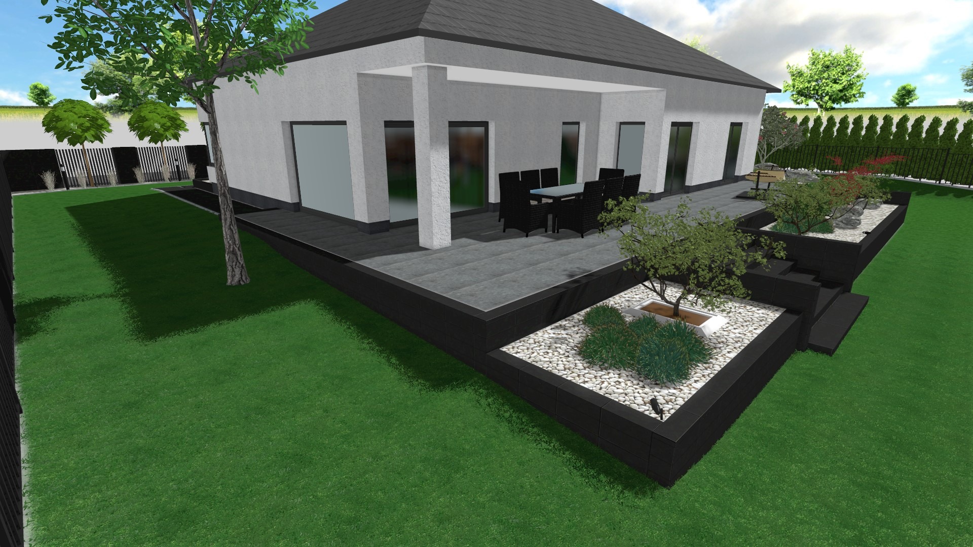 Wizualizacja 3D ogrodu przy nowoczesnym domu z tarasem, podwyższonymi rabatami z białym kamieniem i drzewami ozdobnymi oraz trawnikiem i ogrodzeniem panelowym w tle.