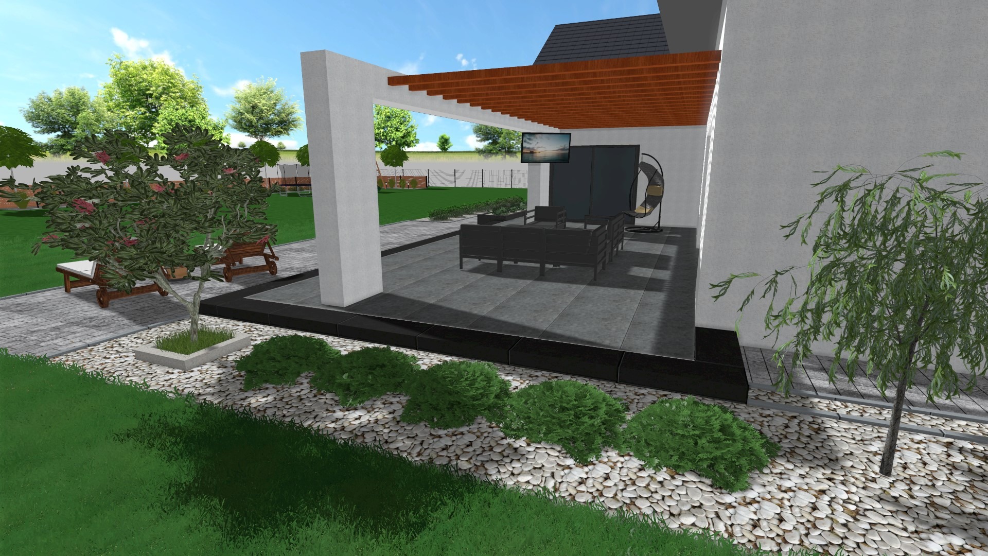 Wizualizacja 3D nowoczesnego tarasu z pergolą, meblami ogrodowymi i starannie zaaranżowaną zielenią: drzewko w kwadratowej donicy, kuliste krzewy i dekoracyjny żwir.