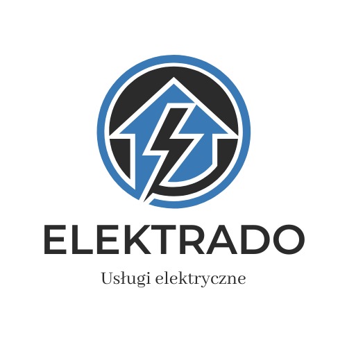Logo firmy ELEKTRADO z symbolem błyskawicy wewnątrz konturu domu, otoczone okręgiem, pod spodem napis 'Usługi elektryczne'.