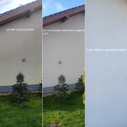 Porównanie elewacji domu przed czyszczeniem, po usunięciu zabrudzeń organicznych i po myciu zasadniczym, widoczne różnice w kolorze i czystości.