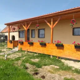 Elewacja domu z drewnianą werandą, ozdobiona wiszącymi i stojącymi donicami z czerwonymi kwiatami, widok na ogród z trawnikiem i ozdobną figurką kaczki.