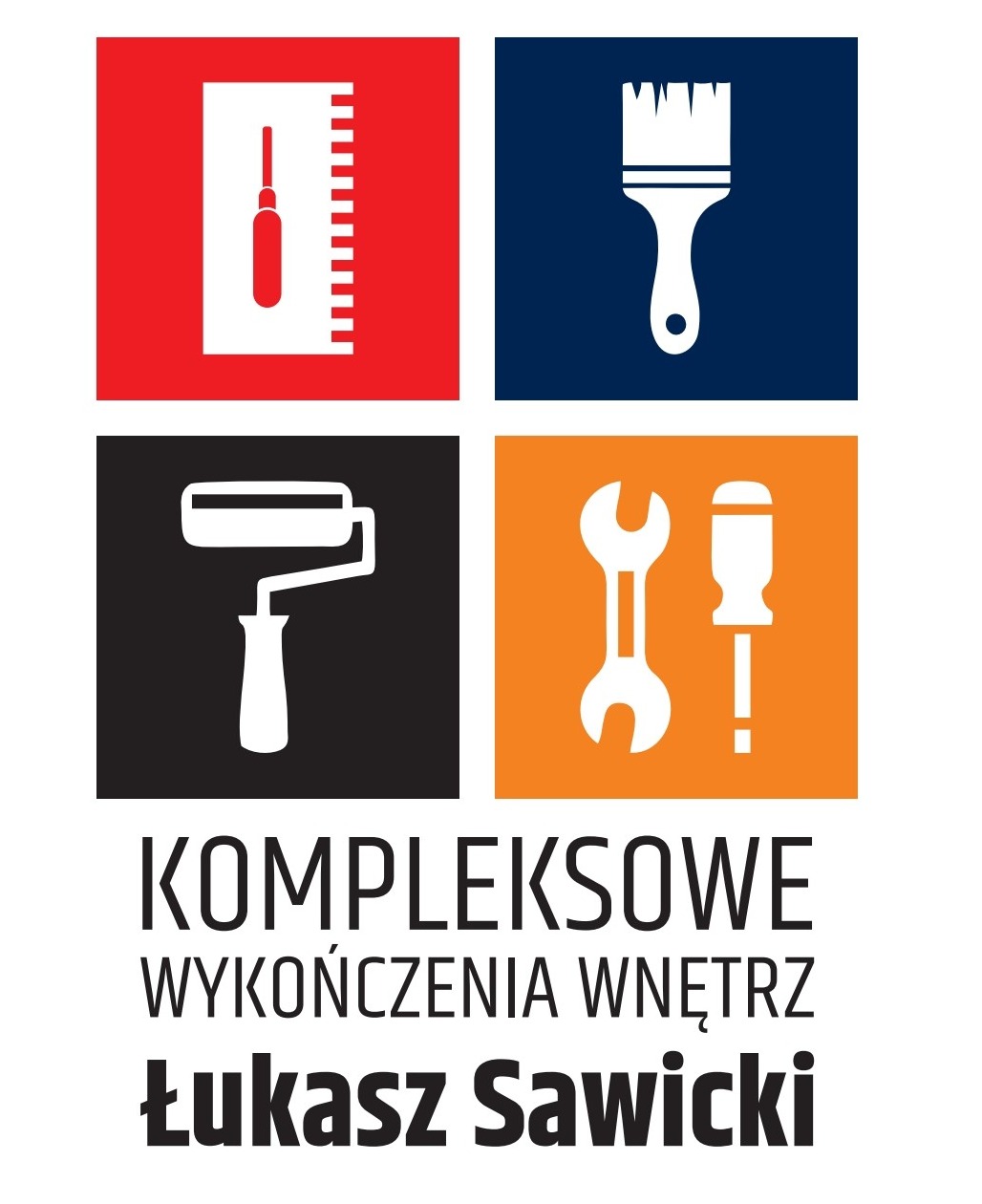 Logo firmy Łukasza Sawickiego oferującej kompleksowe wykończenia wnętrz, z ikonami szpachelki, pędzla, wałka i klucza.