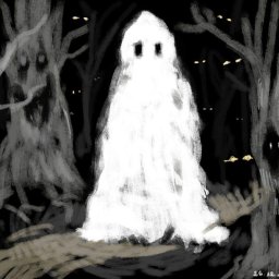 Sara Wilczewska - Cyfrowa ilustracja przedstawiająca ducha w lesie nocą, z drzewami o upiornych twarzach i świecącymi oczami w ciemności.