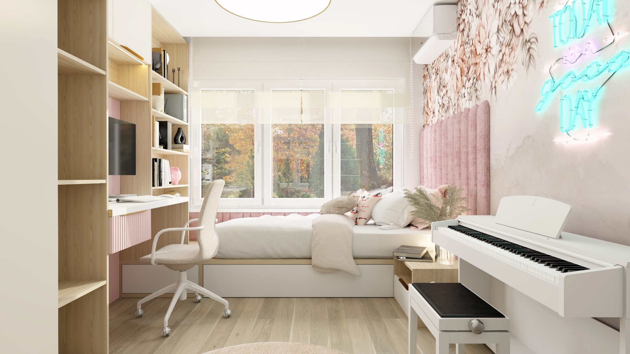 Pokój młodzieżowy w pastelowych barwach z miejscem do spania przy oknie, biurkiem z regałem i białym pianinem.