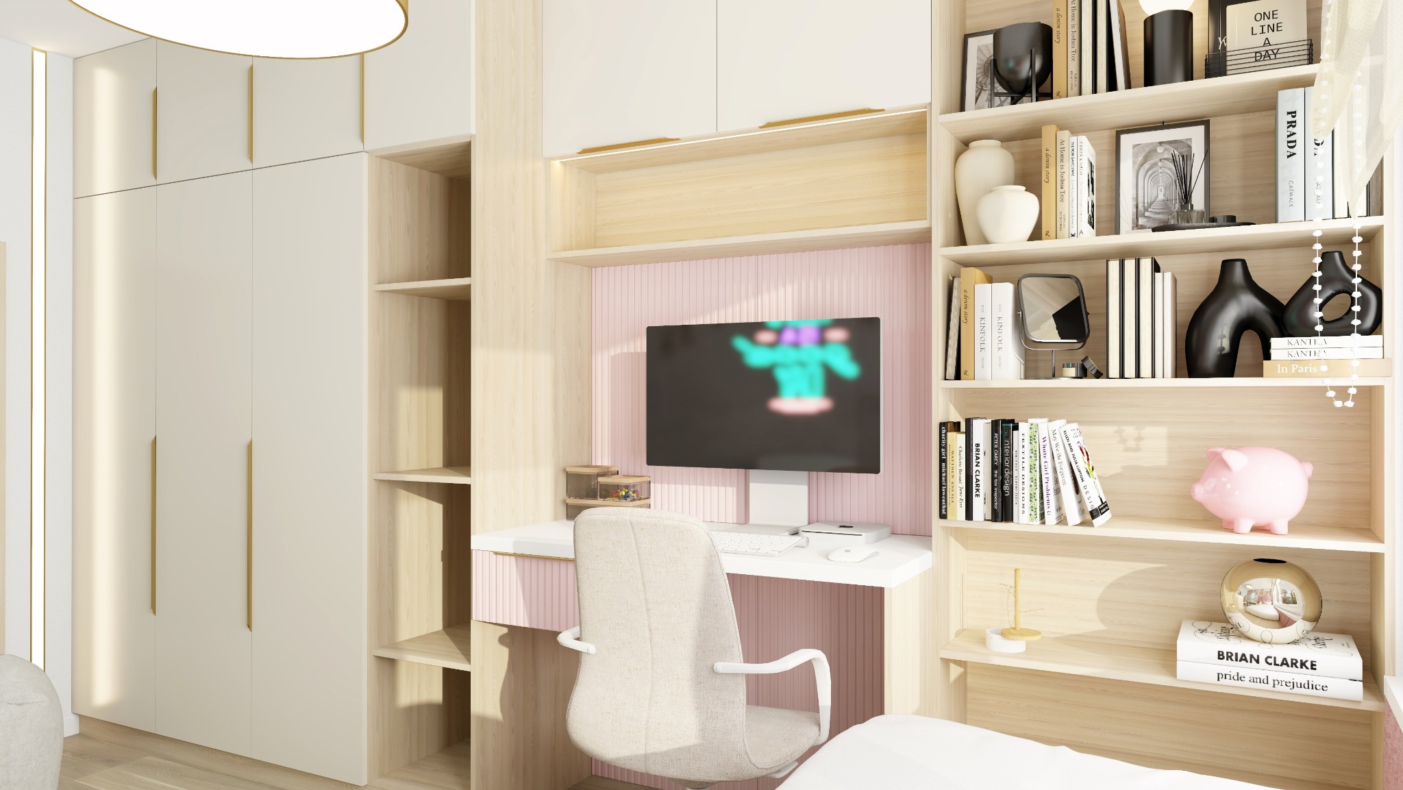 Pokój młodzieżowy z biurkiem, komputerem i regałem z dekoracjami, w jasnej kolorystyce z akcentami różu, oświetlenie LED w szafach.