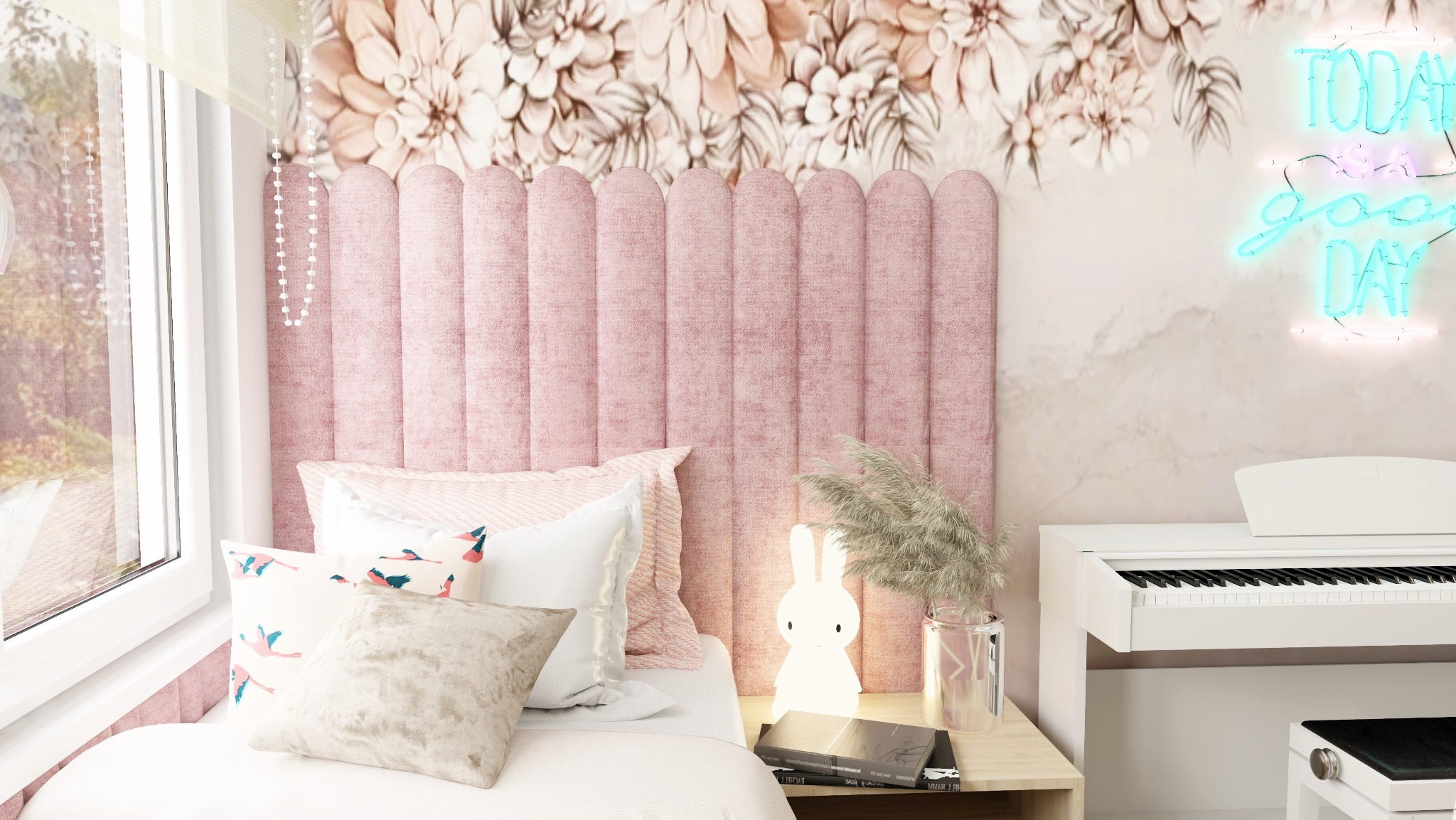 Pokój dziewczynki z łóżkiem z różowym zagłówkiem, tapetą w kwiaty, neonem i białym pianinem cyfrowym.