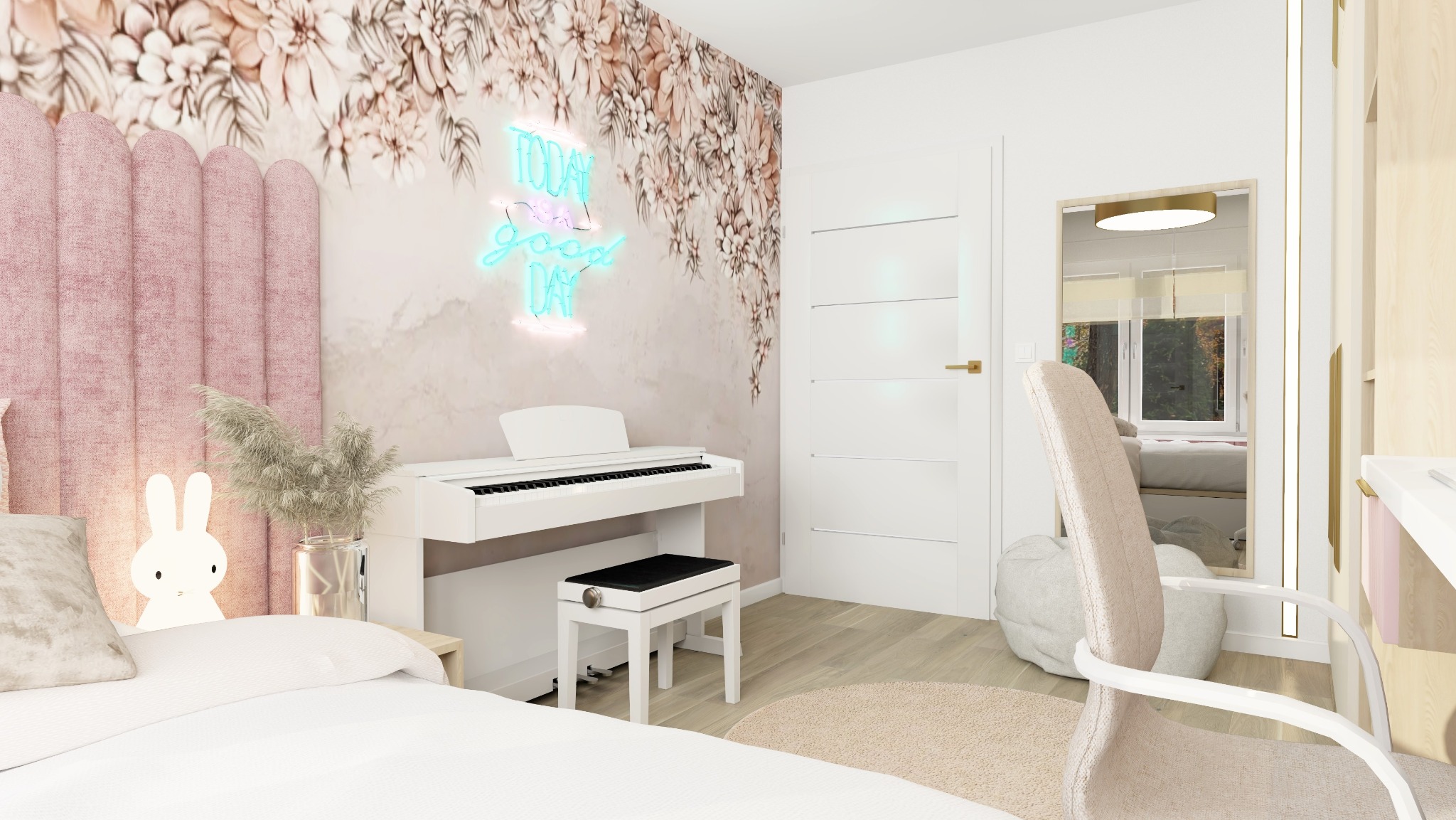 Pokój dziewczynki z pianinem cyfrowym, łóżkiem z różowym zagłówkiem, tapetą w kwiaty i neonem 'Today is a good day'.