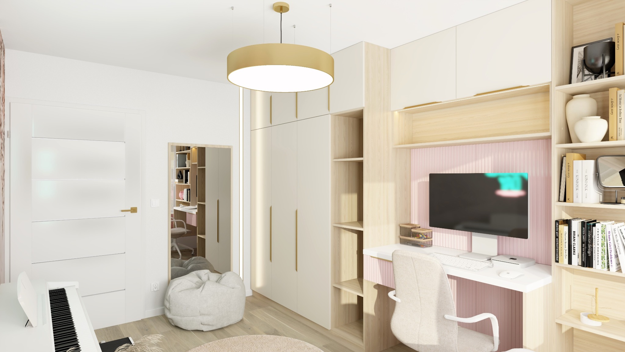 Wnętrze pokoju z biurkiem, komputerem, pianinem i dużym lustrem, utrzymane w jasnej kolorystyce z akcentami różu i złota, oświetlone okrągłą lampą sufitową.