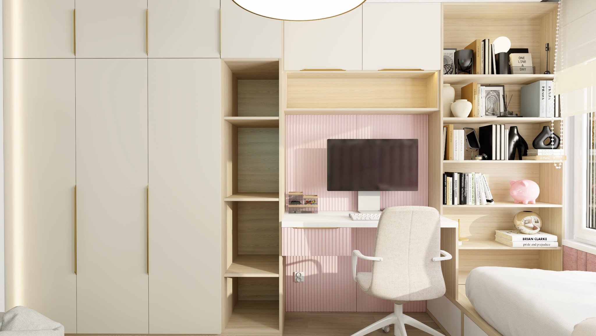 Pokój młodzieżowy z biurkiem wbudowanym w zabudowę meblową z szafą, regałem i różowym panelem ściennym, uzupełniony o białe krzesło biurowe i dekoracje na półkach.