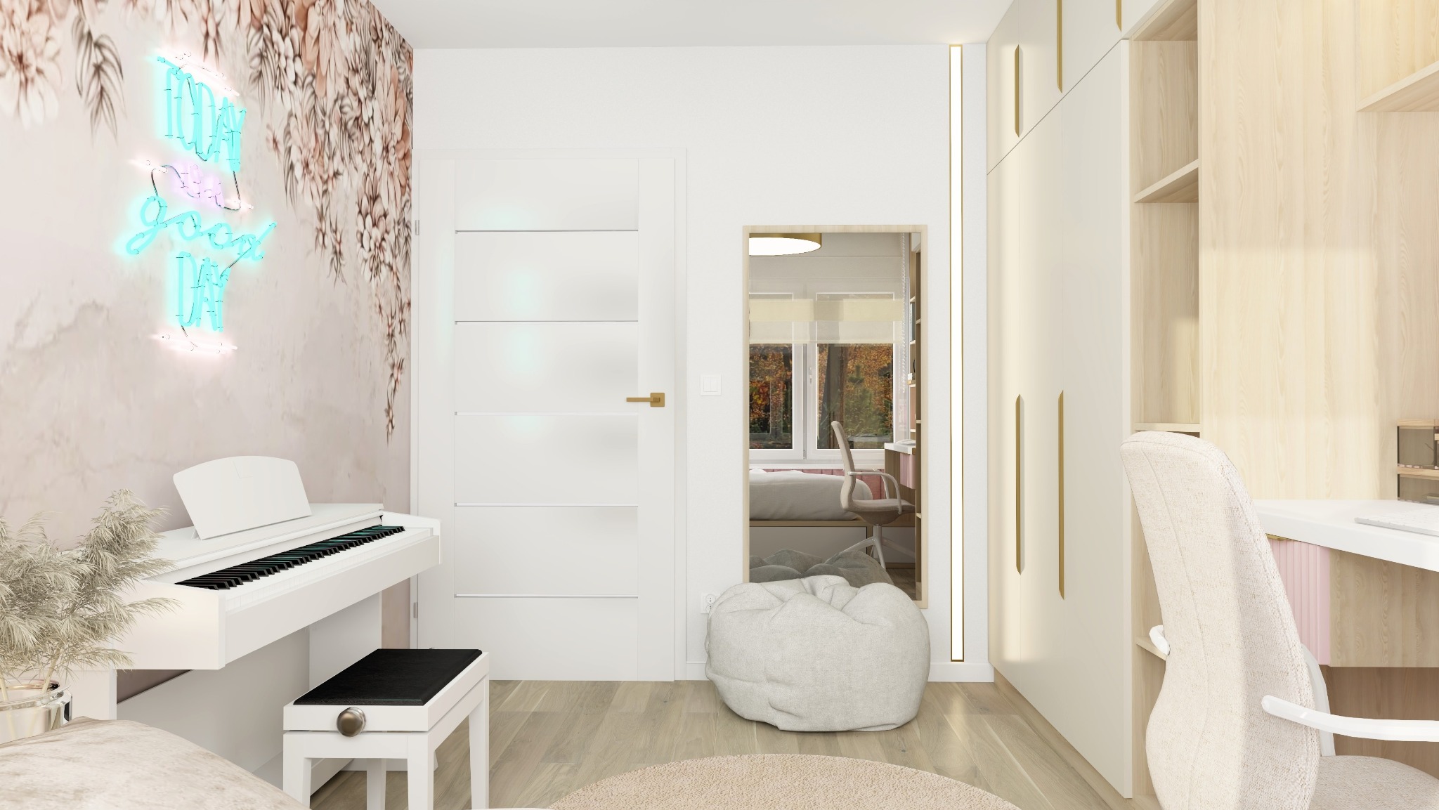 Nowoczesny pokój młodzieżowy z pianinem podświetlonym neonem na tle tapety w kwiaty, widok na pokój przez drzwi, białe meble i puf.