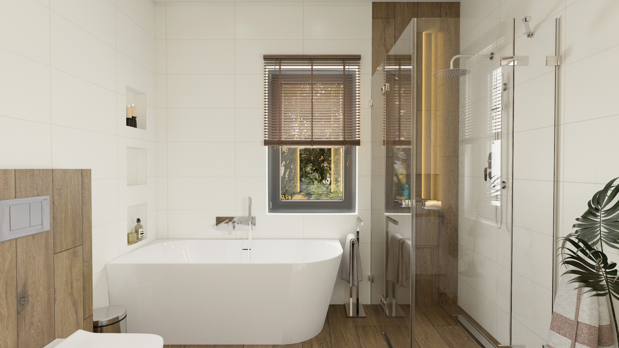 Nowoczesna łazienka z wolnostojącą białą wanną, kabiną prysznicową ze szklanymi drzwiami i drewnianymi akcentami, widok na zieleń za oknem z drewnianymi żaluzjami.