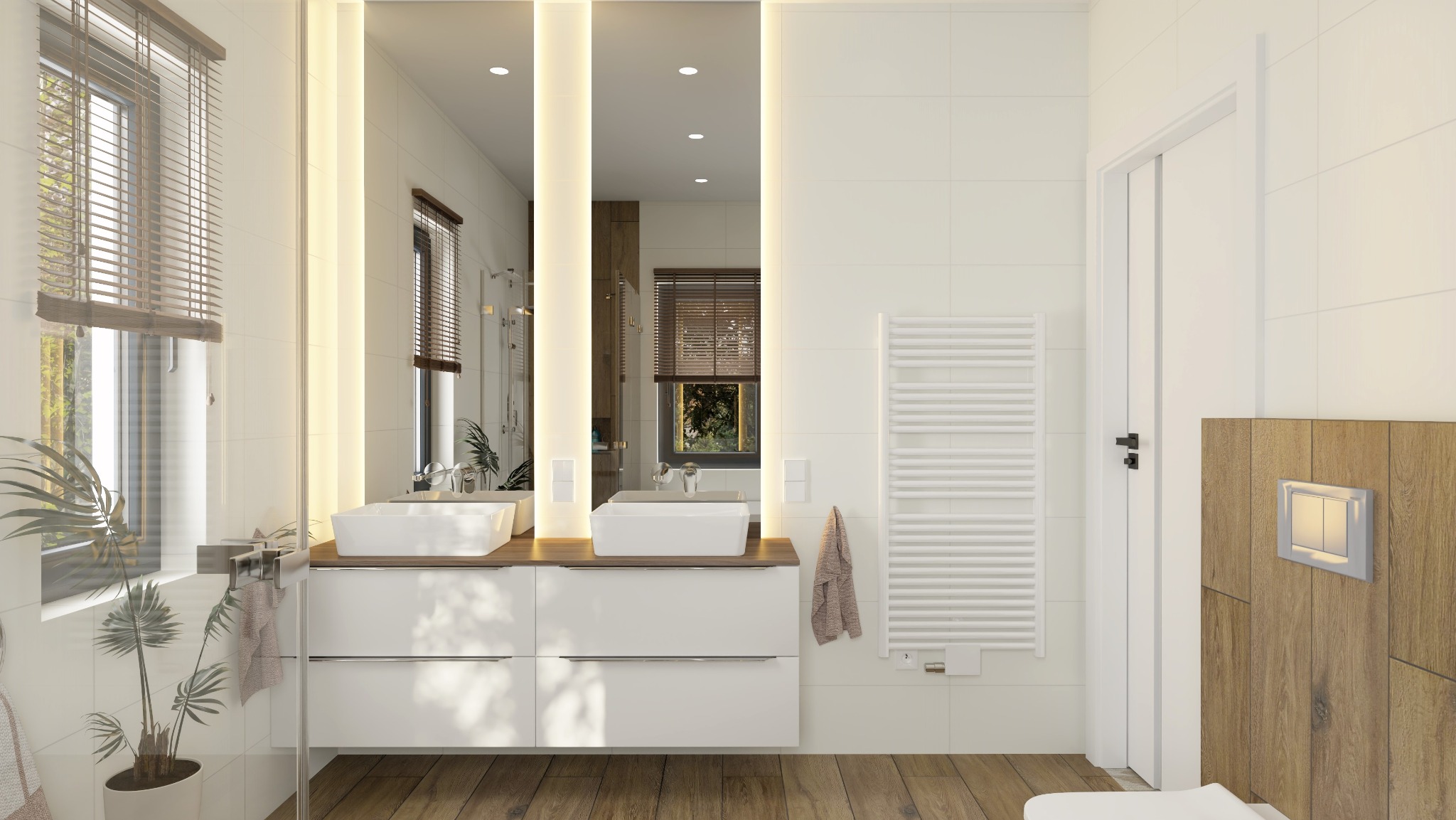 Jasna łazienka z drewnianą podłogą, podwójną umywalką nablatową, dużym lustrem z podświetleniem LED, białym grzejnikiem drabinkowym i rośliną w doniczce przy oknie z żaluzjami.