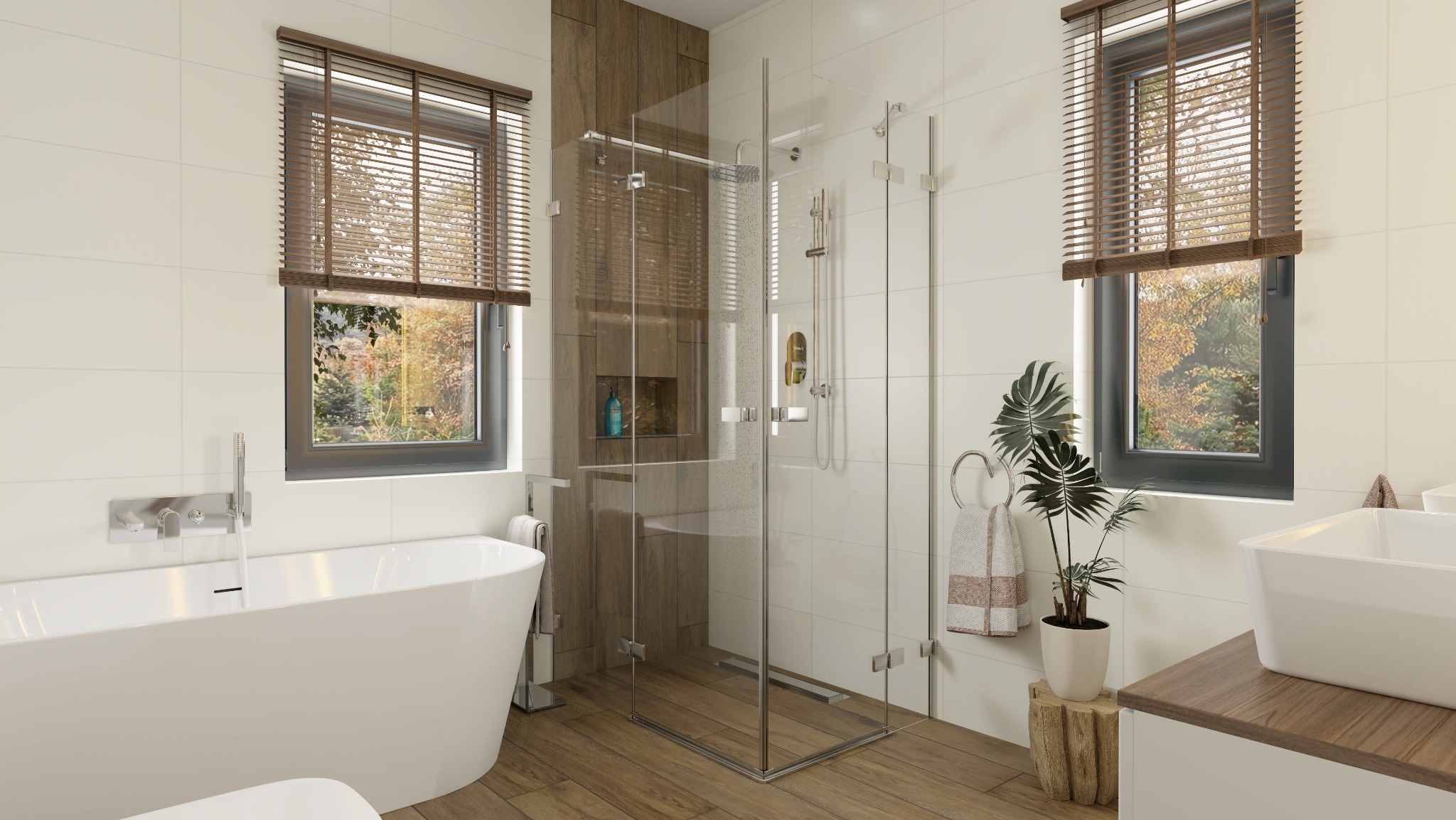 Jasna łazienka z drewnianymi akcentami: wolnostojąca wanna, przeszklona kabina prysznicowa, drewniane żaluzje w oknach i drewniany blat pod umywalką, uzupełniona rośliną doniczkową.