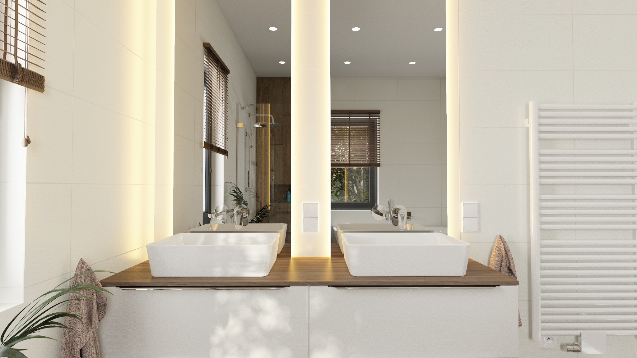 Nowoczesna łazienka z dwoma białymi umywalkami nablatowymi, drewnianym blatem, podświetlanym lustrem i grzejnikiem drabinkowym, widok na kabinę prysznicową w odbiciu lustra.