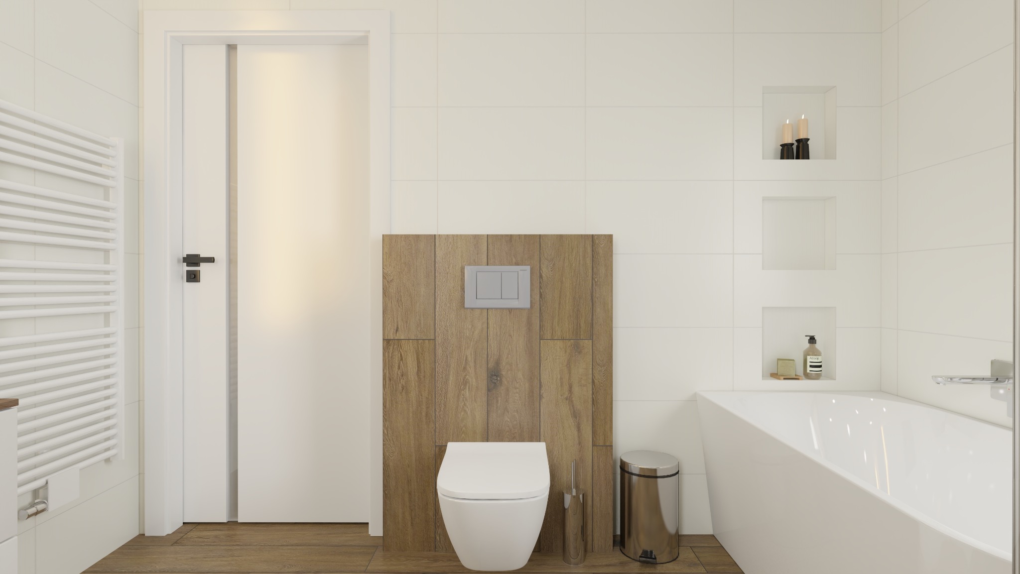 Nowoczesna łazienka z białymi płytkami, drewnianym akcentem za toaletą, grzejnikiem drabinkowym i wnękami z dekoracjami.