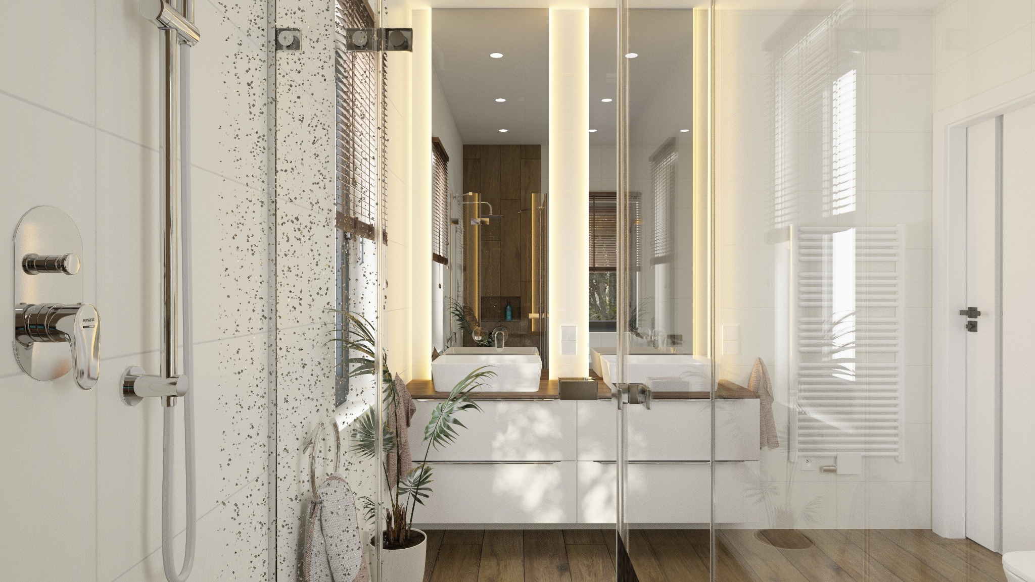 Nowoczesna łazienka z kabiną prysznicową ze szklaną ścianką, podwójną umywalką nablatową na białej szafce z drewnianym blatem, dużym lustrem z podświetleniem LED i drewnianymi żaluzjami w oknie.