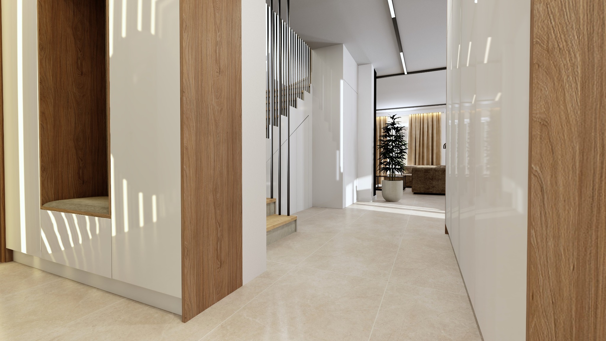 Nowoczesny przedpokój z drewnianymi akcentami, zabudowaną wnęką z siedziskiem i schodami z czarnymi balustradami, w tle widoczny salon.