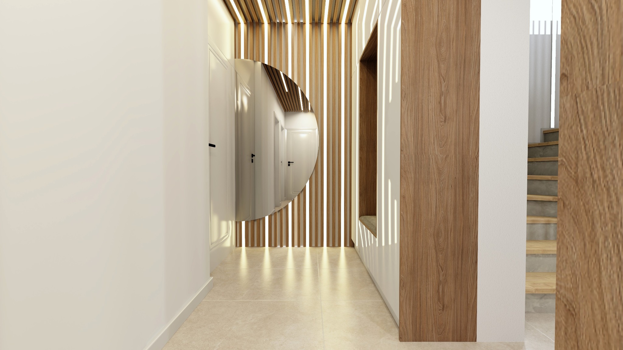 Nowoczesny przedpokój z okrągłym lustrem odbijającym perspektywę korytarza, drewnianą zabudową z siedziskiem w niszy oraz podświetlanym sufitem lamelowym.