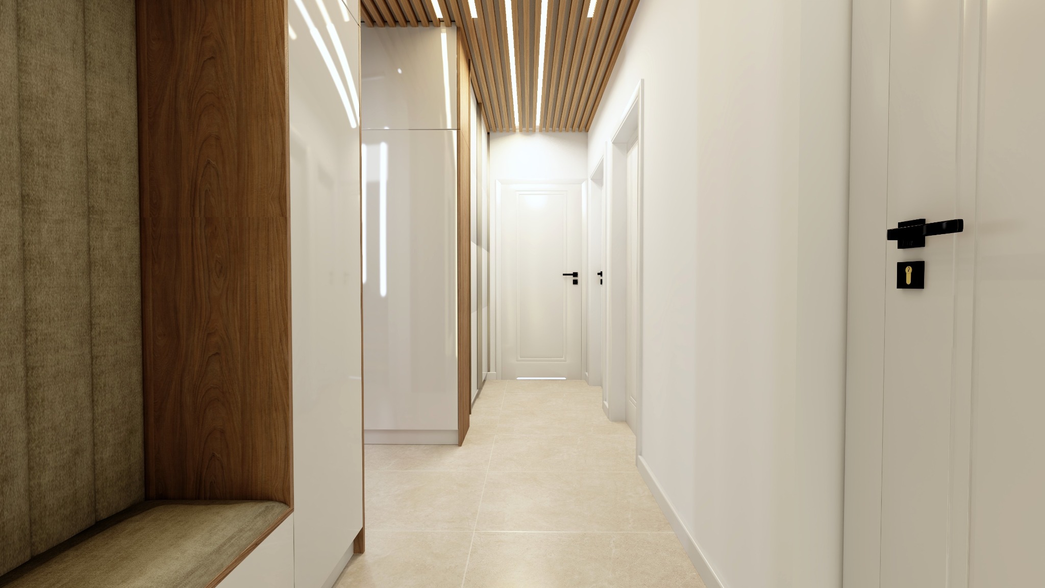 Nowoczesny korytarz z wbudowaną szafą z siedziskiem obitym beżową tkaniną, drewnianymi akcentami i podwieszanym sufitem z oświetleniem listwowym.