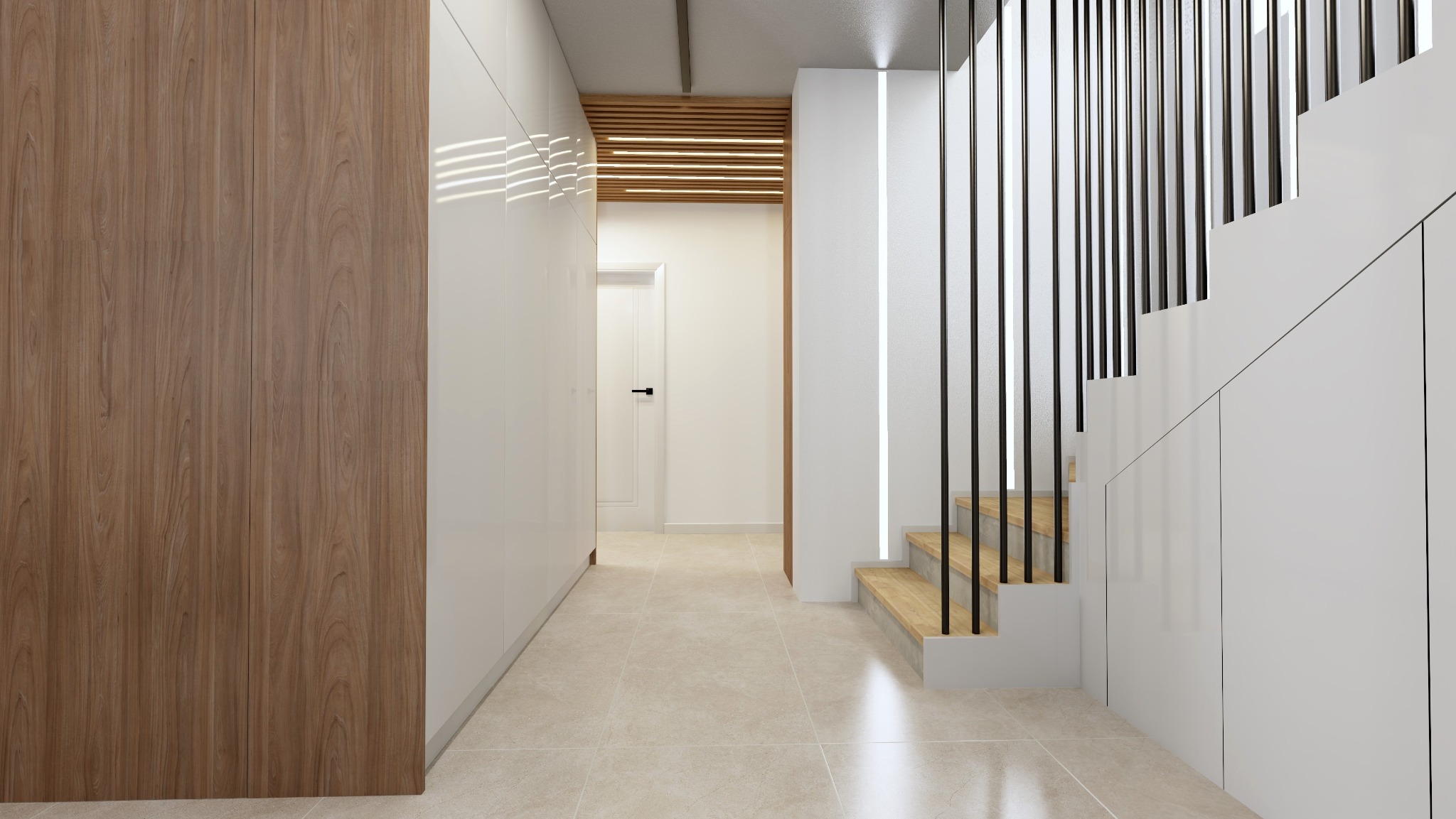 Nowoczesny korytarz z drewnianą okładziną szafy, białymi, lakierowanymi szafami, schodami z drewnianymi stopniami i czarnymi balustradami, oraz podwieszanym sufitem z drewnianymi listwami.