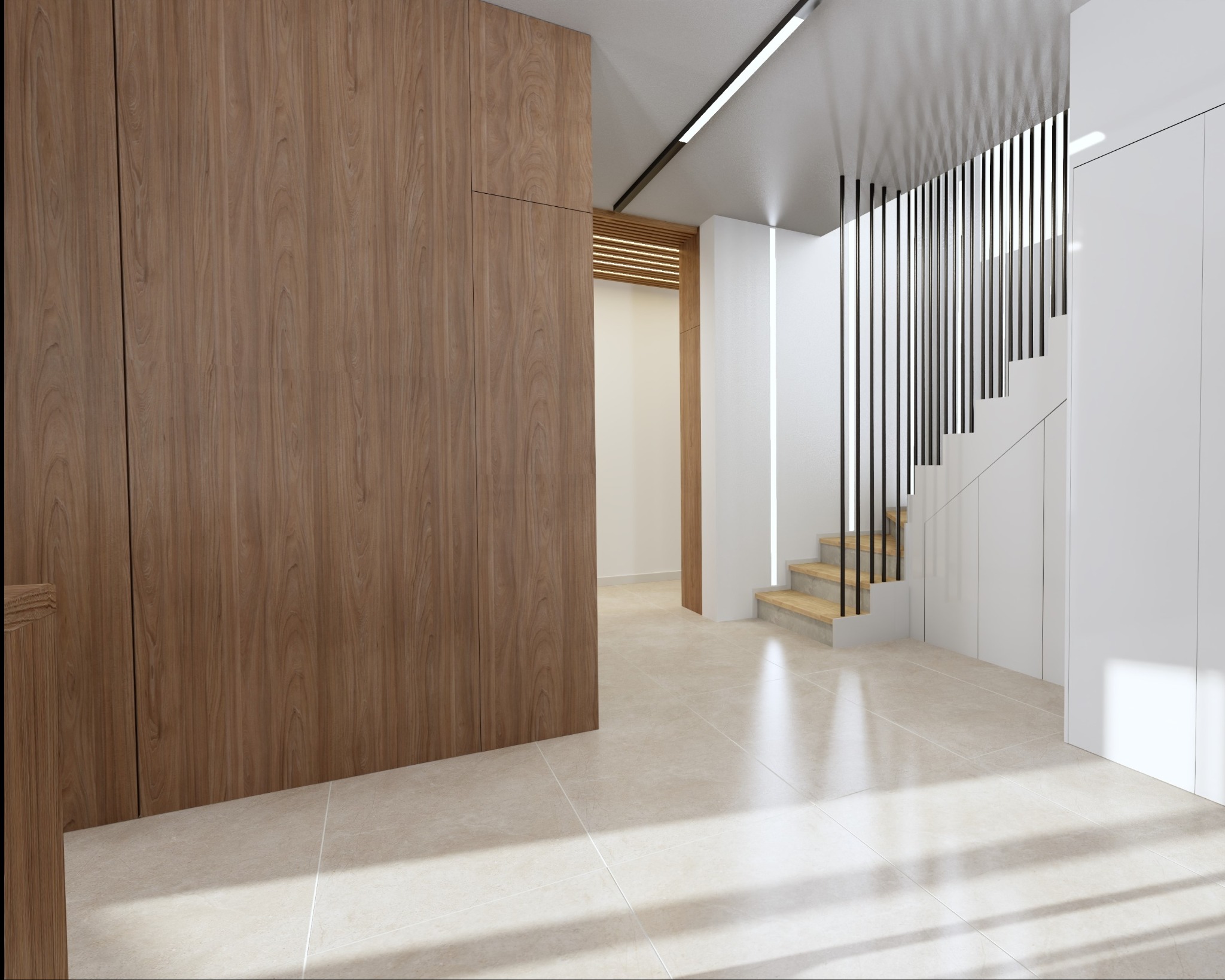 Wnętrze przedpokoju z drewnianą zabudową szafy, jasnymi płytkami na podłodze i schodami z czarną balustradą.