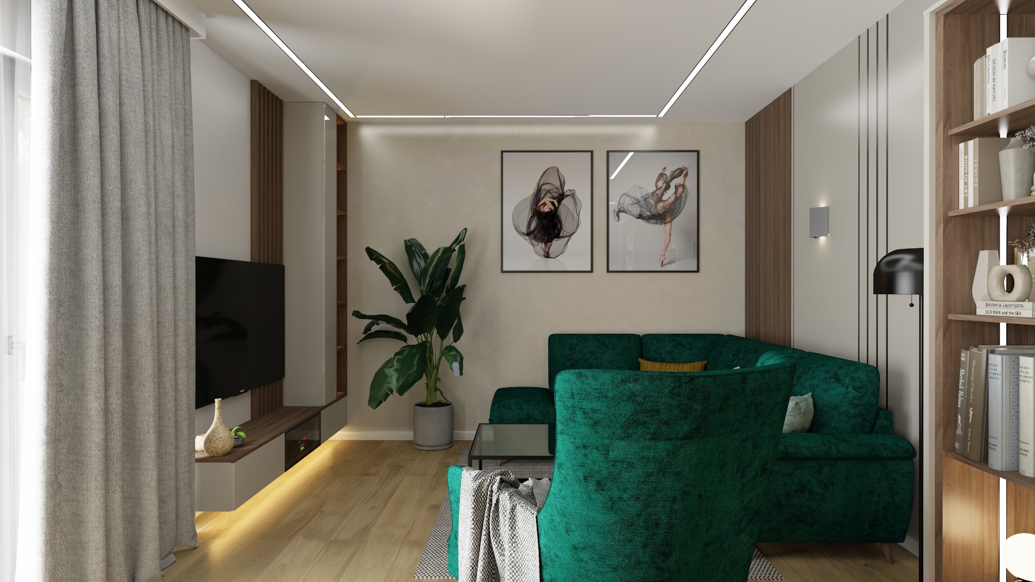 Nowoczesny salon z zieloną sofą, drewnianymi akcentami i abstrakcyjnymi obrazami na ścianie, oświetlony liniowymi lampami LED.