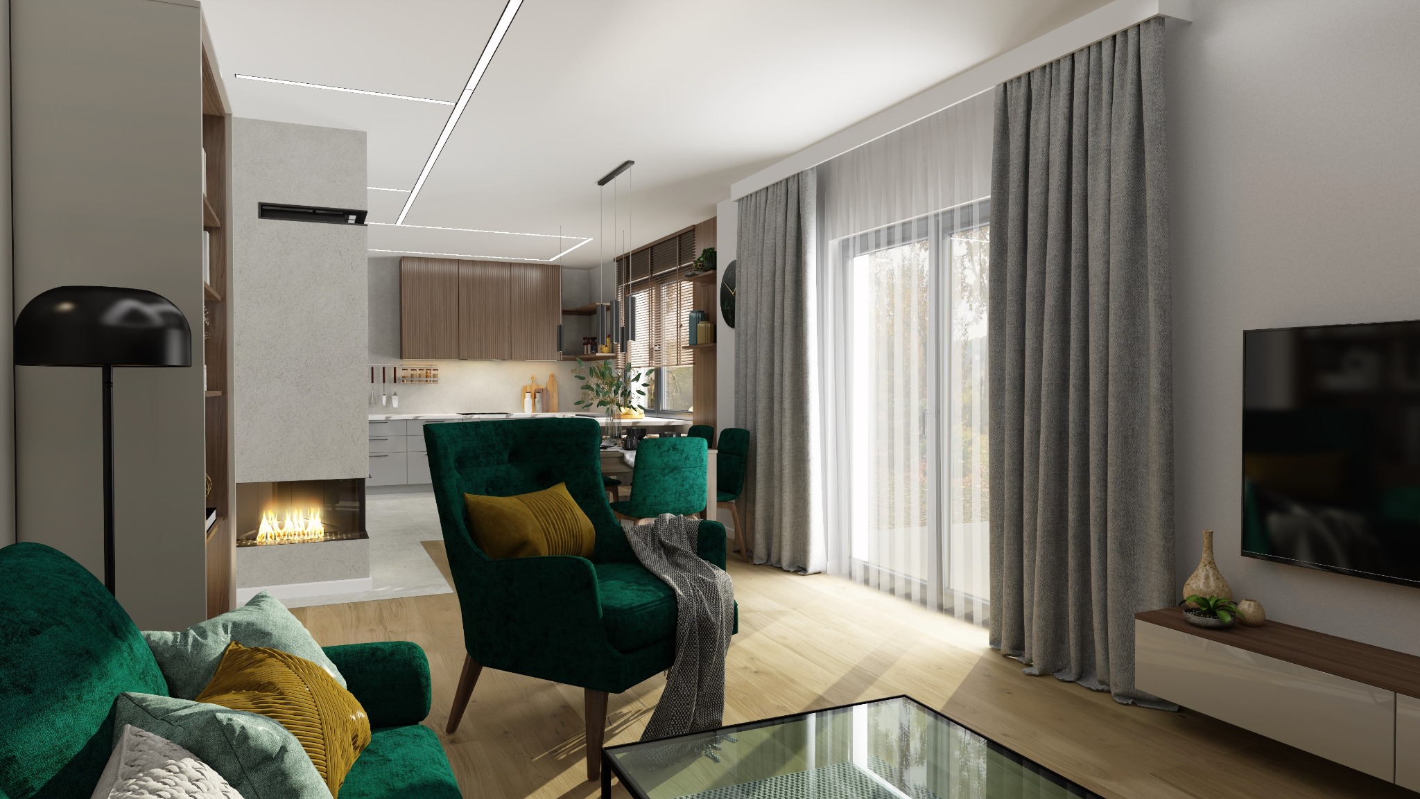 Nowoczesne wnętrze mieszkania z otwartą kuchnią, kominkiem i zielonymi fotelami z aksamitu, oświetlone listwami LED.