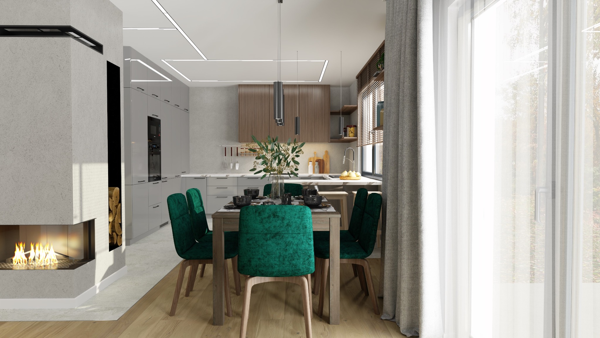 Wnętrze jadalni z kominkiem: stół z zielonymi, aksamitnymi krzesłami, zastawa stołowa, nowoczesny kominek z paleniskiem, widok na kuchnię z szarymi szafkami i drewnianymi elementami, okno...