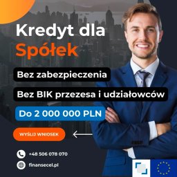 Finanse CEL - Uśmiechnięty mężczyzna w granatowym garniturze na tle panoramy miasta, promujący kredyt dla spółek do 2 mln PLN bez BIK i zabezpieczeń w Ruda Śląska.