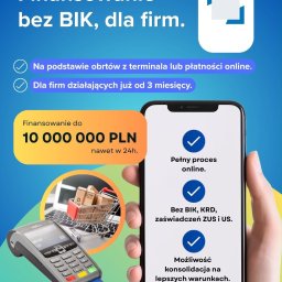 Finanse CEL - Grafika reklamowa przedstawiająca ofertę finansowania dla przedsiębiorstw: smartfon z informacją o pełnym procesie online i konsolidacji, terminal płatniczy z kartą, wózek z paczkami. Kwota do 10...