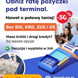Finanse CEL - Reklama pożyczki pod terminal z obniżką -50%, bez BIK, KRD, ZUS i US. Stylizowany terminal płatniczy, banknoty 500 zł i uśmiechnięta kobieta.