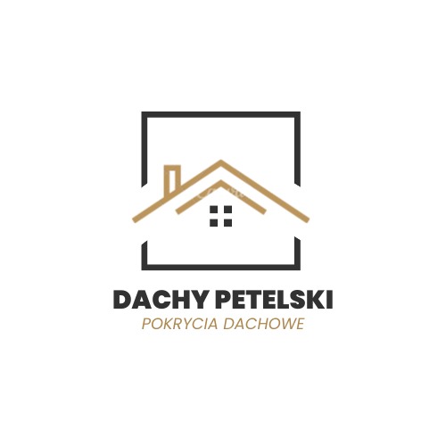 Logo firmy dekarskiej Dachy Petelski, przedstawiające stylizowany zarys dachu w kwadratowej ramie, z napisem 'Dachy Petelski' i podtytułem 'Pokrycia Dachowe'.