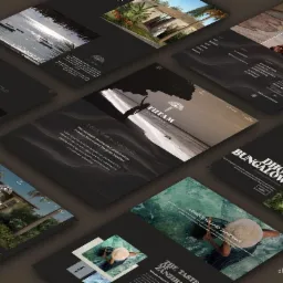 Prezentacja responsywnej strony internetowej dla luksusowych apartamentów Tutam Zanzibar, z widokiem na plażę, bungalow i rezydencje, utrzymana w ciemnej tonacji z elementami graficznymi...