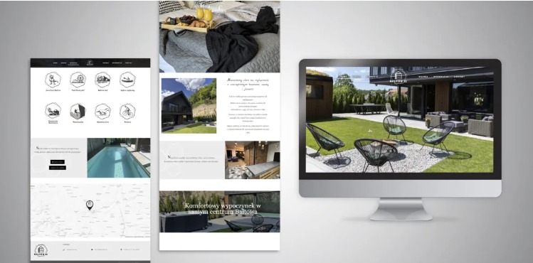 Prezentacja responsywnej strony internetowej na monitorze, obok wydrukowane elementy strony z widokiem na wnętrze i otoczenie luksusowego domu.
