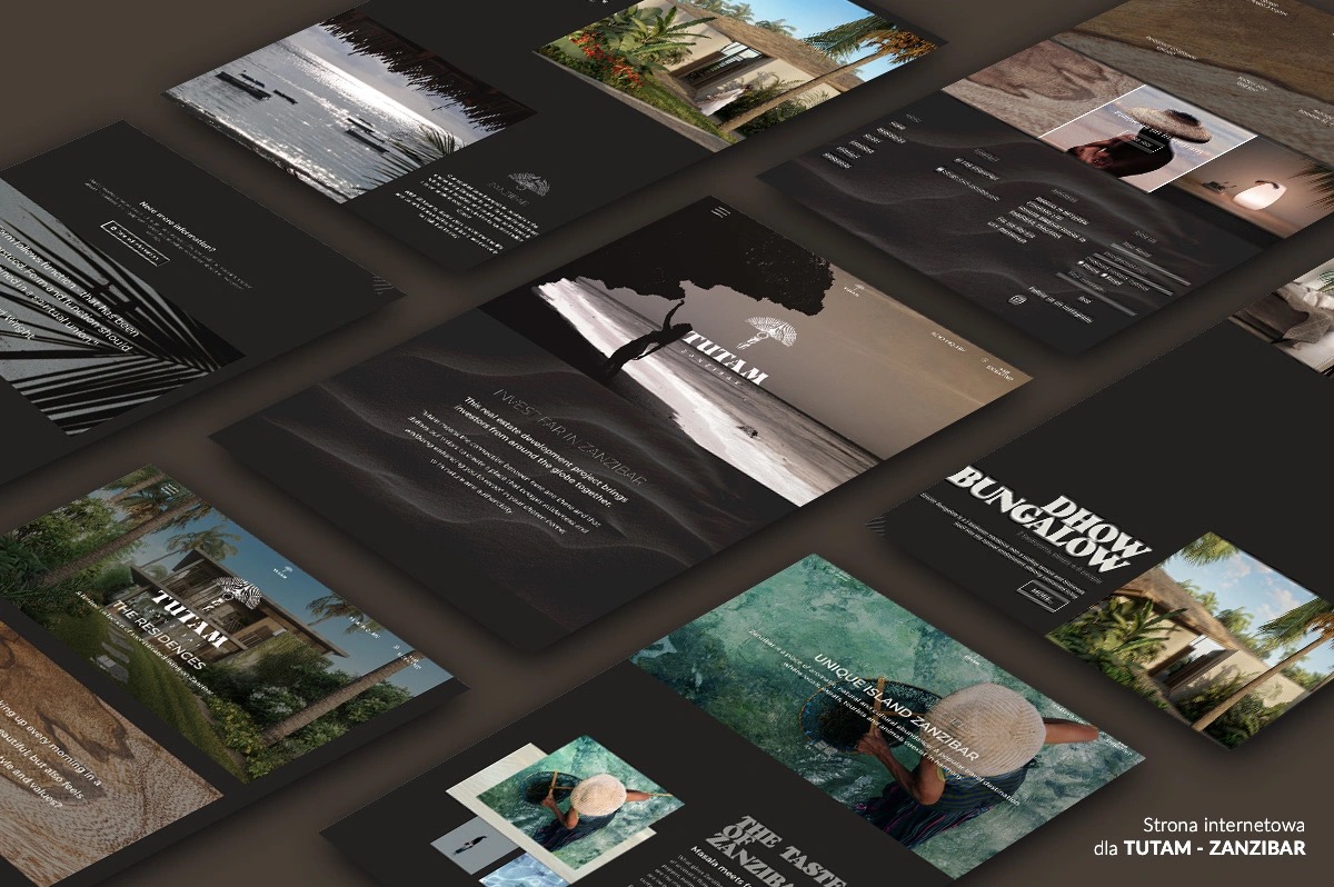 Prezentacja responsywnej strony internetowej dla luksusowych apartamentów Tutam Zanzibar, z widokiem na plażę, bungalow i rezydencje, utrzymana w ciemnej tonacji z elementami graficznymi...