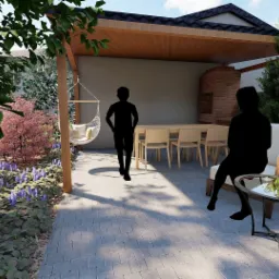 Wizualizacja ogrodu z zadaszoną przestrzenią jadalną, grillem z cegły, hamakiem-huśtawką i kwitnącymi rabatami w odcieniach fioletu i różu.