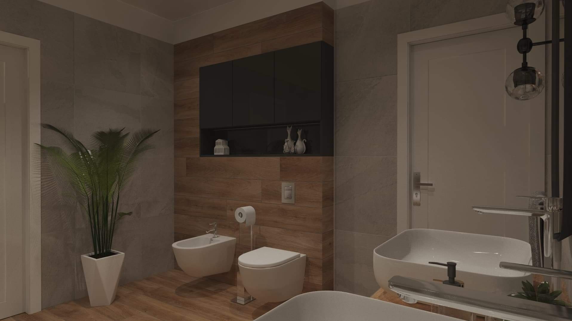 Wizualizacja nowoczesnej łazienki z drewnianymi i szarymi płytkami, wiszącą szafką z dekoracjami, białą umywalką, bidetem i toaletą oraz rośliną w doniczce.