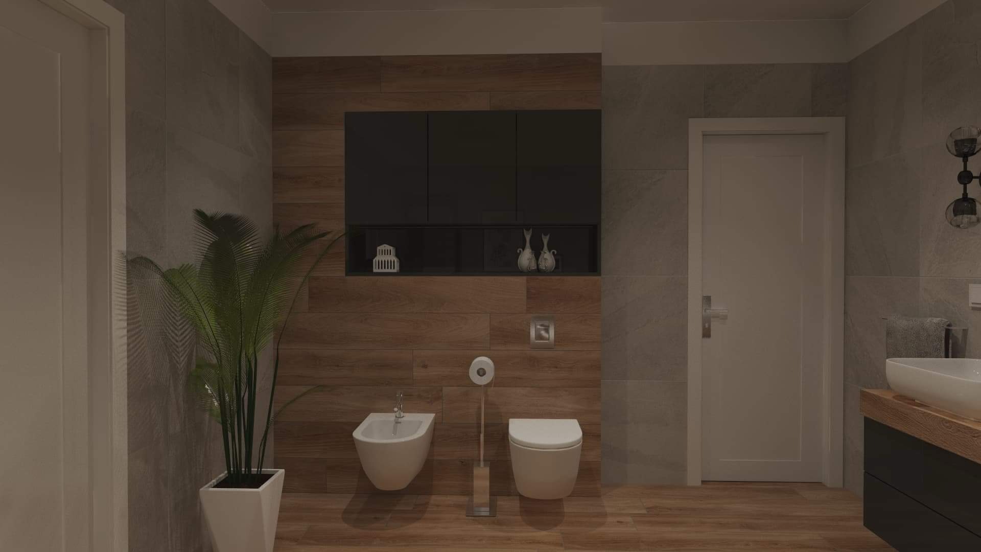 Wizualizacja łazienki z drewnopodobnymi płytkami, wiszącą szafką, białą armaturą i rośliną doniczkową w rogu.