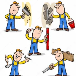 Ilustracja przedstawiająca serię postaci z kreskówek w kombinezonach, wykonujących różne prace budowlane: nakładanie zaprawy, wyrównywanie ściany, wbijanie gwoździa, cięcie drewna piłą ręczną.