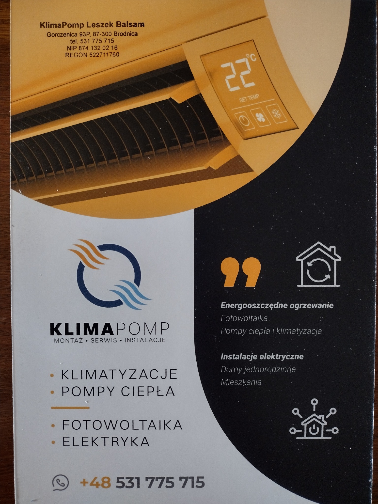 Ulotka reklamowa firmy KlimaPomp Leszek Balsam z Brodnicy, prezentująca klimatyzator z wyświetlaczem temperatury 22 stopnie Celsjusza oraz ofertę montażu, serwisu i instalacji klimatyzacji, pomp...
