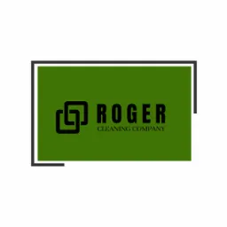 Logo firmy sprzątającej 'Roger Cleaning Company' z symbolem dwóch nakładających się kwadratów w lewym górnym rogu na zielonym tle.