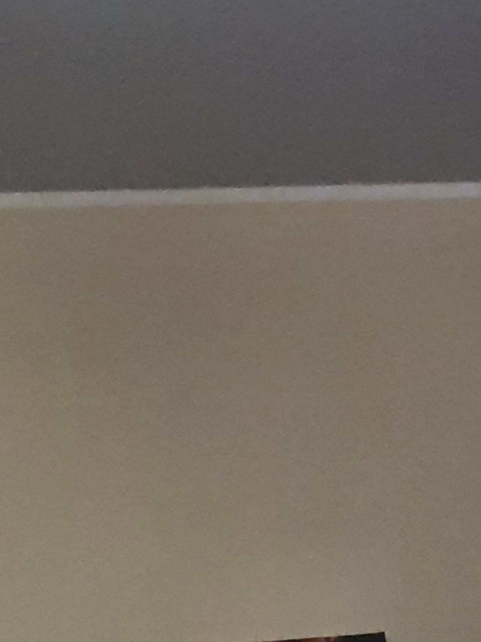 Fragment ściany pomalowanej na beżowo, widoczny także fragment szarego sufitu.